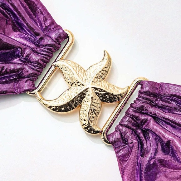 Purple Metallic Bandeau Top Two piece Bikini Set Swimsuit - Picture 3 of 4